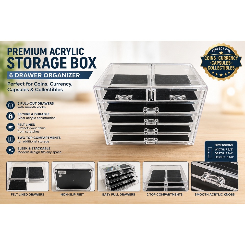 Premium Acrylic 6 Drawer Storage Box Organizer‎ for Coins Currency Collectibles